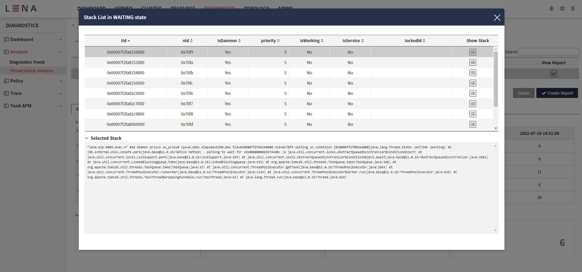 diagnostics dump threadInfo
